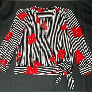 Madewell Candied Orchids Black and Red Floral Wrap Blouse Top Size Small